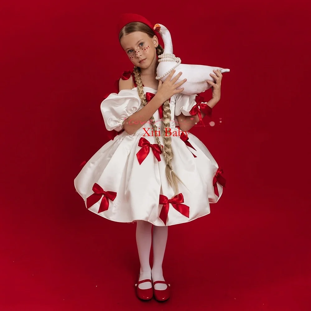 Luxury Beauty Flower Girl Dress Blue Puff Girls Party Dresses for Wedding Puff Sleeves Satin Kids Christmas Ceremonial Dress