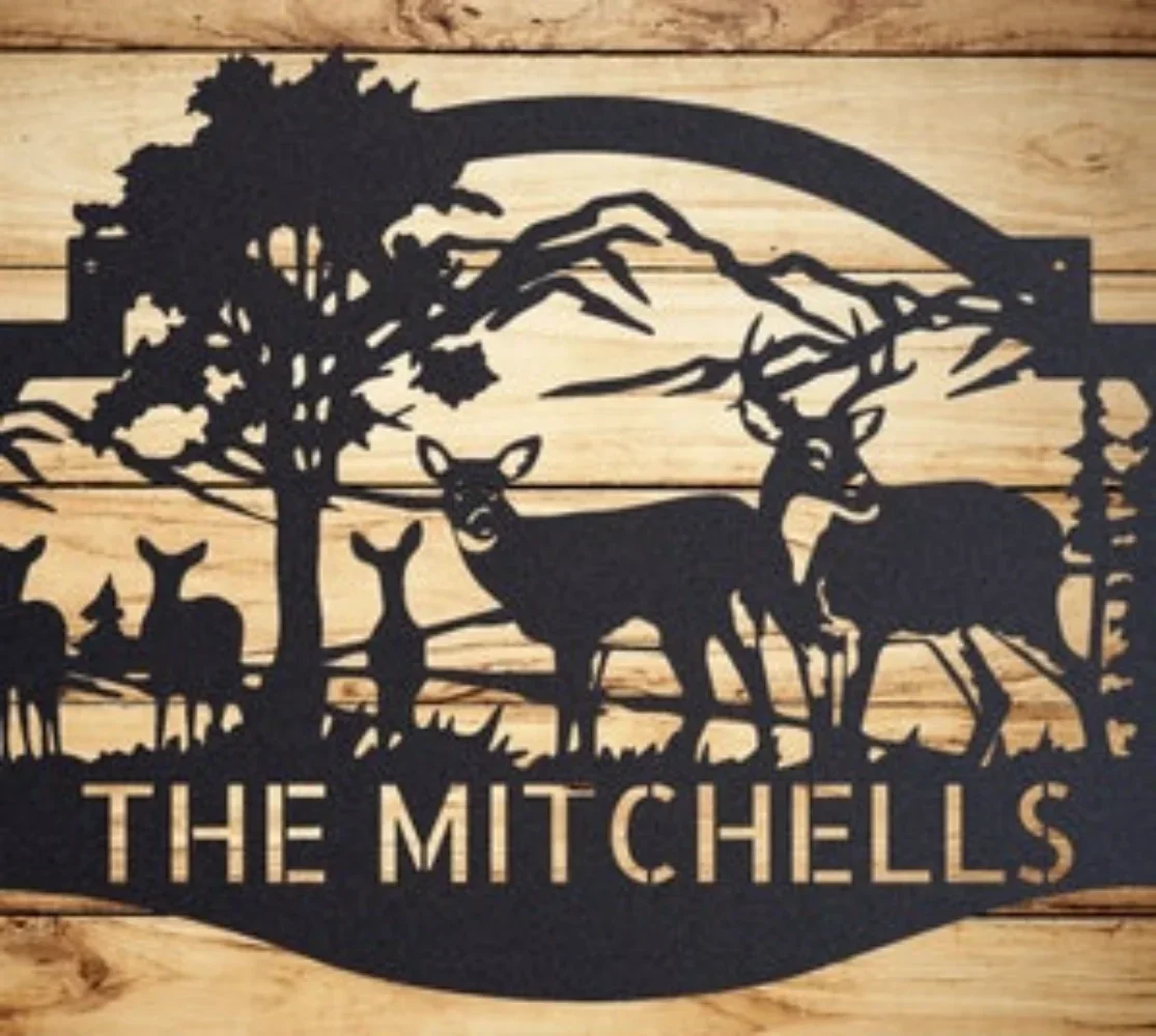 Print On Demand-Personalized Deer Metal Cabin Sign For Outdoor Hunter Hunting With Head Antlers Customized Family Last Name Mono