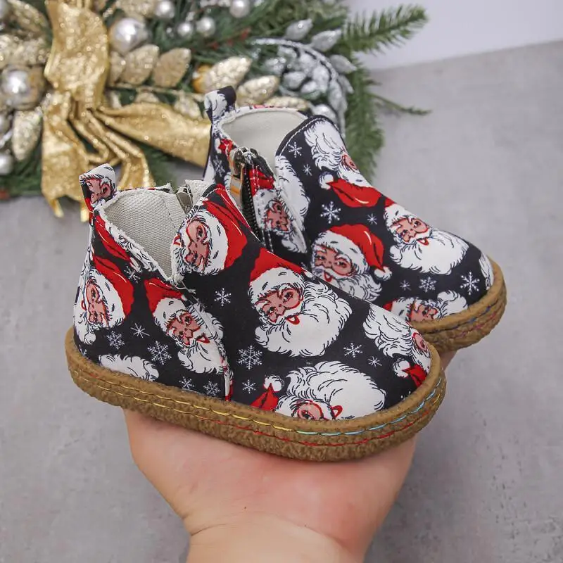 

Модные повседневные детские зимние ботинки с искусственным мехом для мальчиков и девочек, дизайн с Санта-Клаусом, легкие, на Рождество