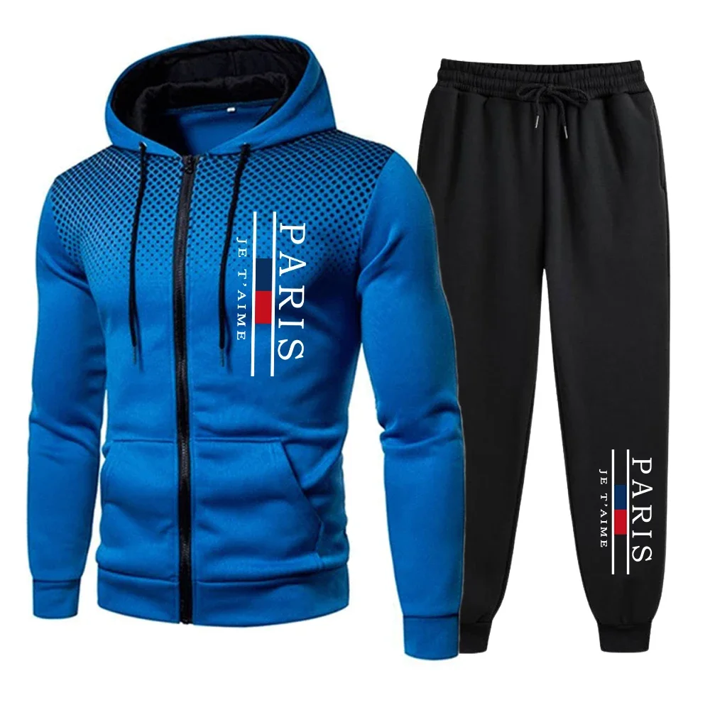 

New Men's Sportswear Set: Fashionable Printed Casual Zippered Hooded Sweatshirt + Jogging Long Pants for Outdoor Jogging