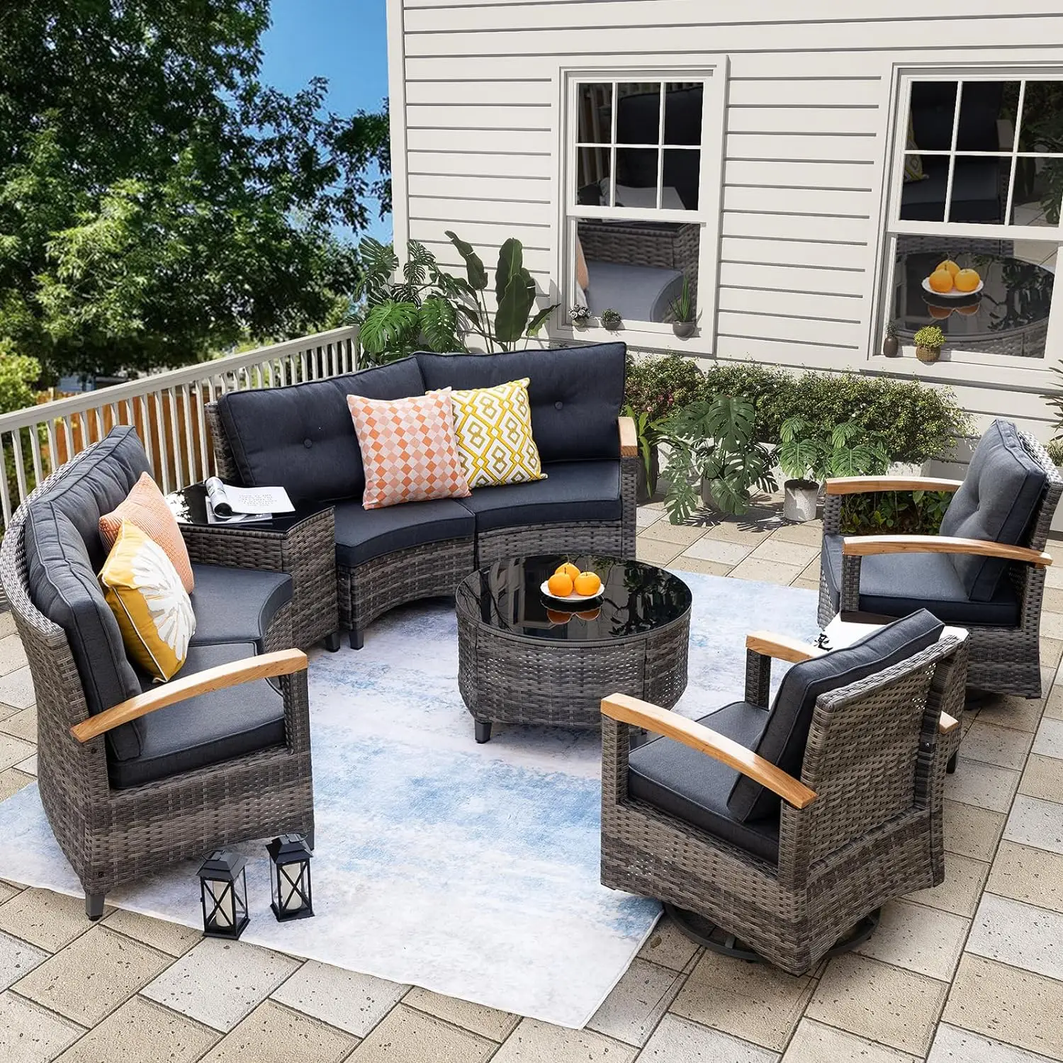 

Outdoor Patio Furniture Set, Half-Moon Curved Sectional Sofa Patio Conversation Set w/Wood Armrests, Tempered Glass Coffee Table