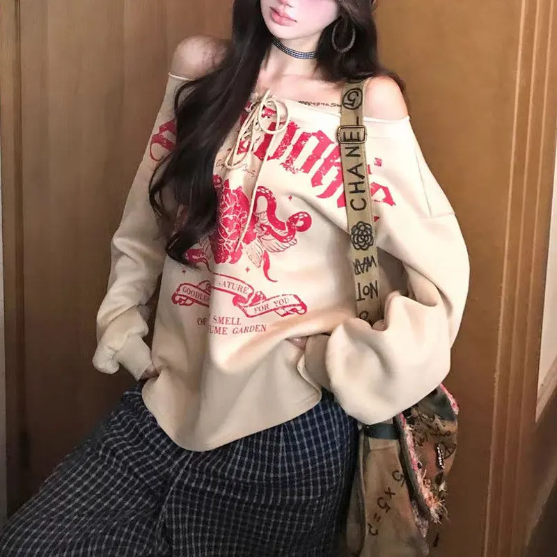 Autumn American Retro Letter Sweatshirts Skew Collar Women's Clothing Printed Stylish Bandage Off Shoulder Casual Loose Hoodies