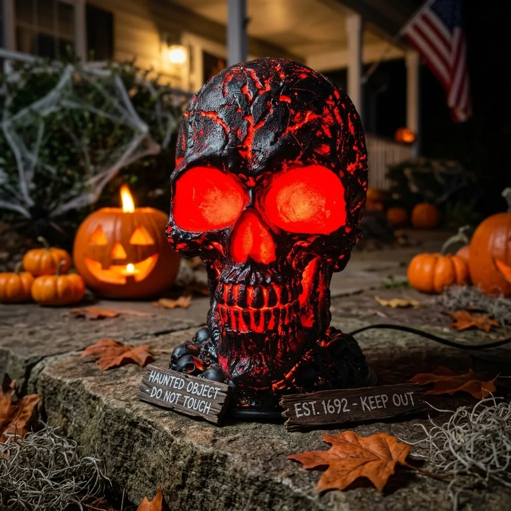 Halloween Ghost Festival Resin Skull Light, Outdoor Garden Yard Decor Lamp, Spooky Holiday Decoration Ornament Craft