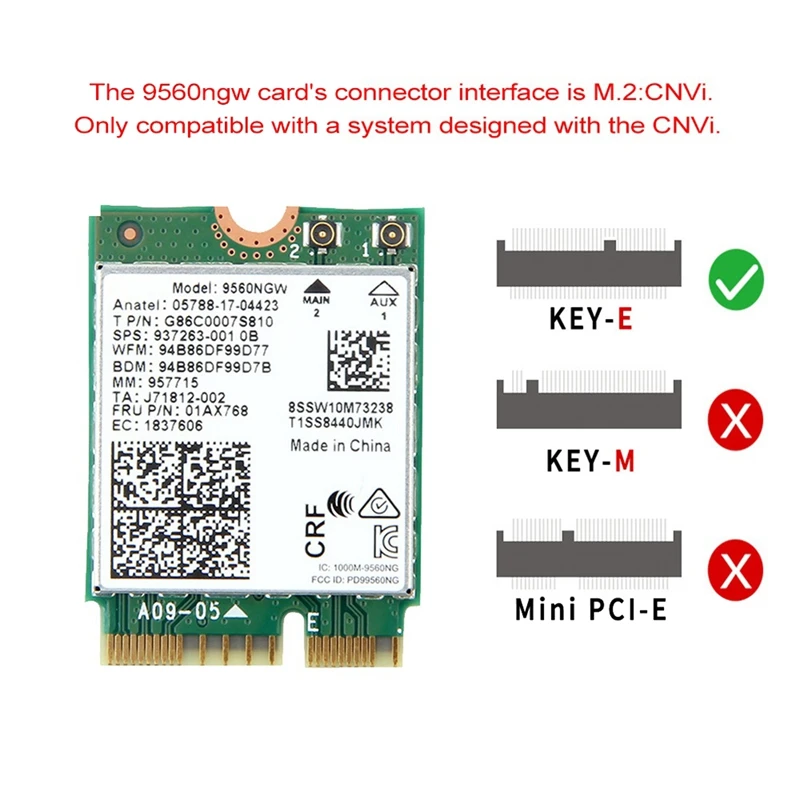 9560ngw Wifi Kaart Met Antenne 1730Mbps Draadloze Ac 9560 2.4G + 5G Bt 5.0 802.11ac M.2 Cnvi 9560ngw Wifi Adapter A