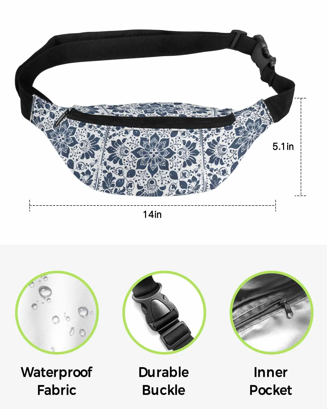 Saco de cintura impermeável para homens e mulheres, Fanny Pack, Belt Bag, Carteira, Banana Hip Bags, Mandala, Folha, Padrão de flor