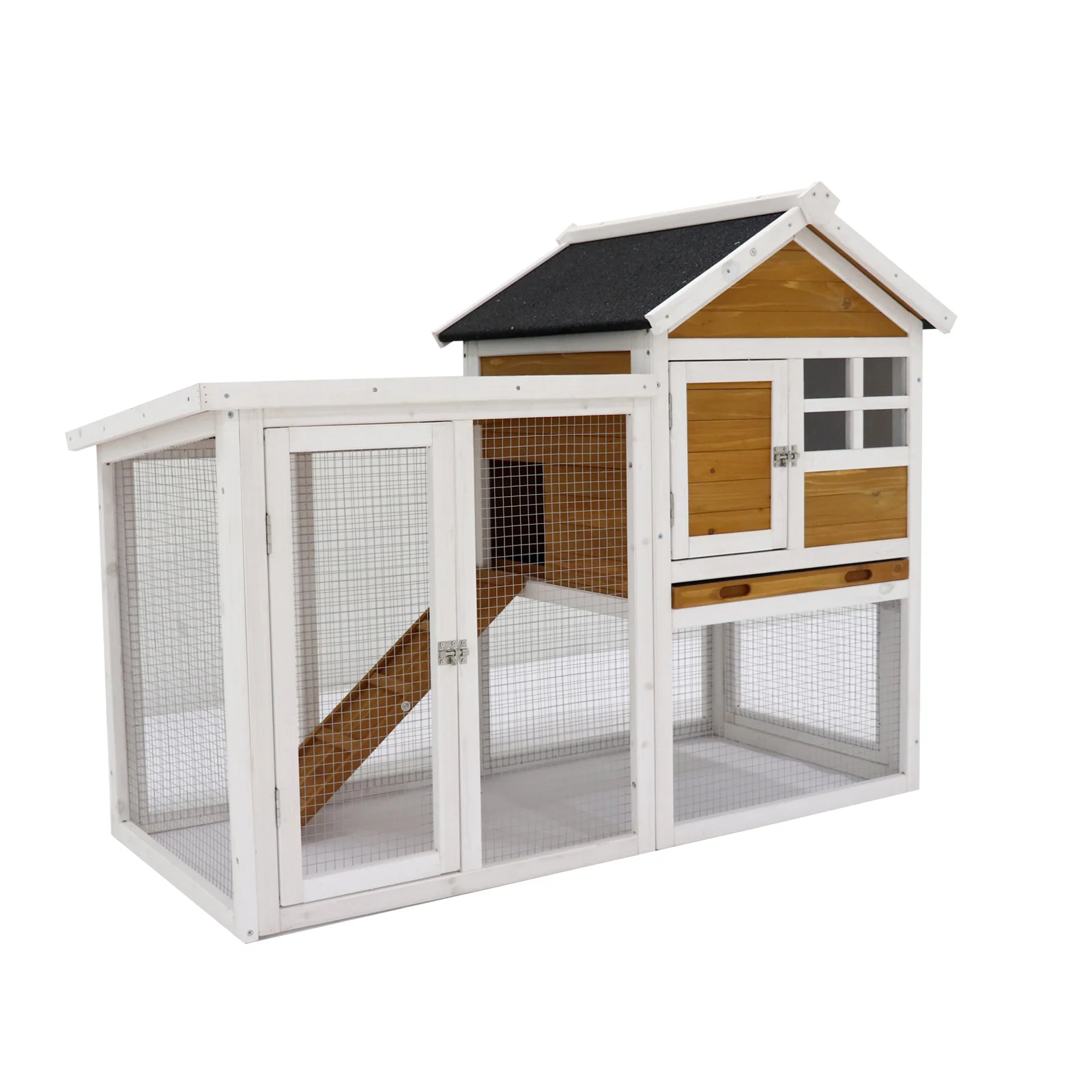 Deluxe Wooden Rabbit Hutch for 2-4 Rabbits, 2-Story Indoor Outdoor Rabbit Cage with 3 Doors, Deep Pull-Out Tray, Glass Window, Waterproof Asphalt Roof, Expandable Solid Wood Bunny House