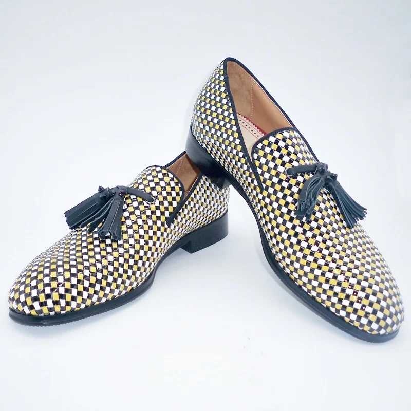 

British Style Mixed Colors Woven Pattern Tassel Loafers Men Patent Leather Shoes Men's Flats Leather Casual Shoes