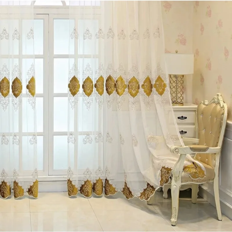 New Simple European Flower Gold Velvet Embroidered Gauze Curtains Living Room Bedroom Balcony Curtains