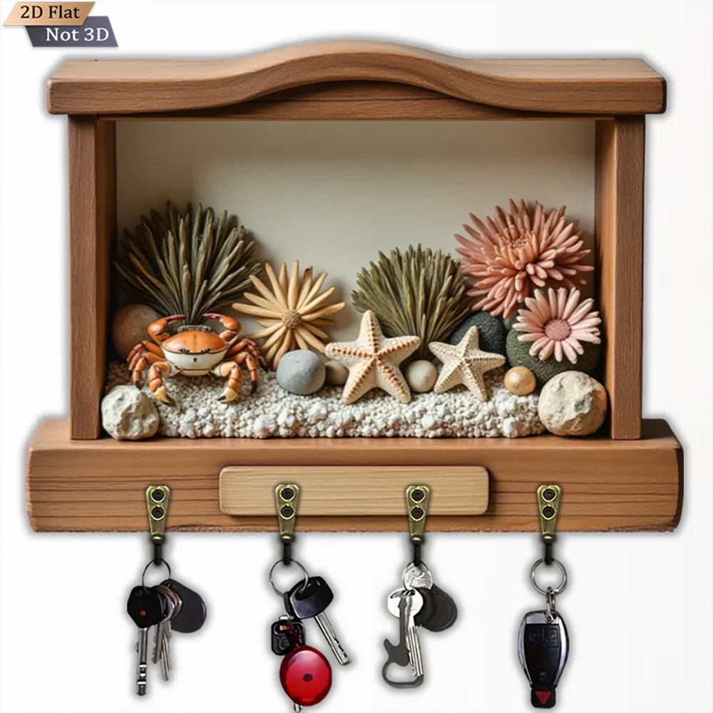2D Flat, 1pc, Ocean-Style Wooden Starfish and Crab Key Hook, Wooden Multifunctional Home Key Hook, with Four Metal Hooks,