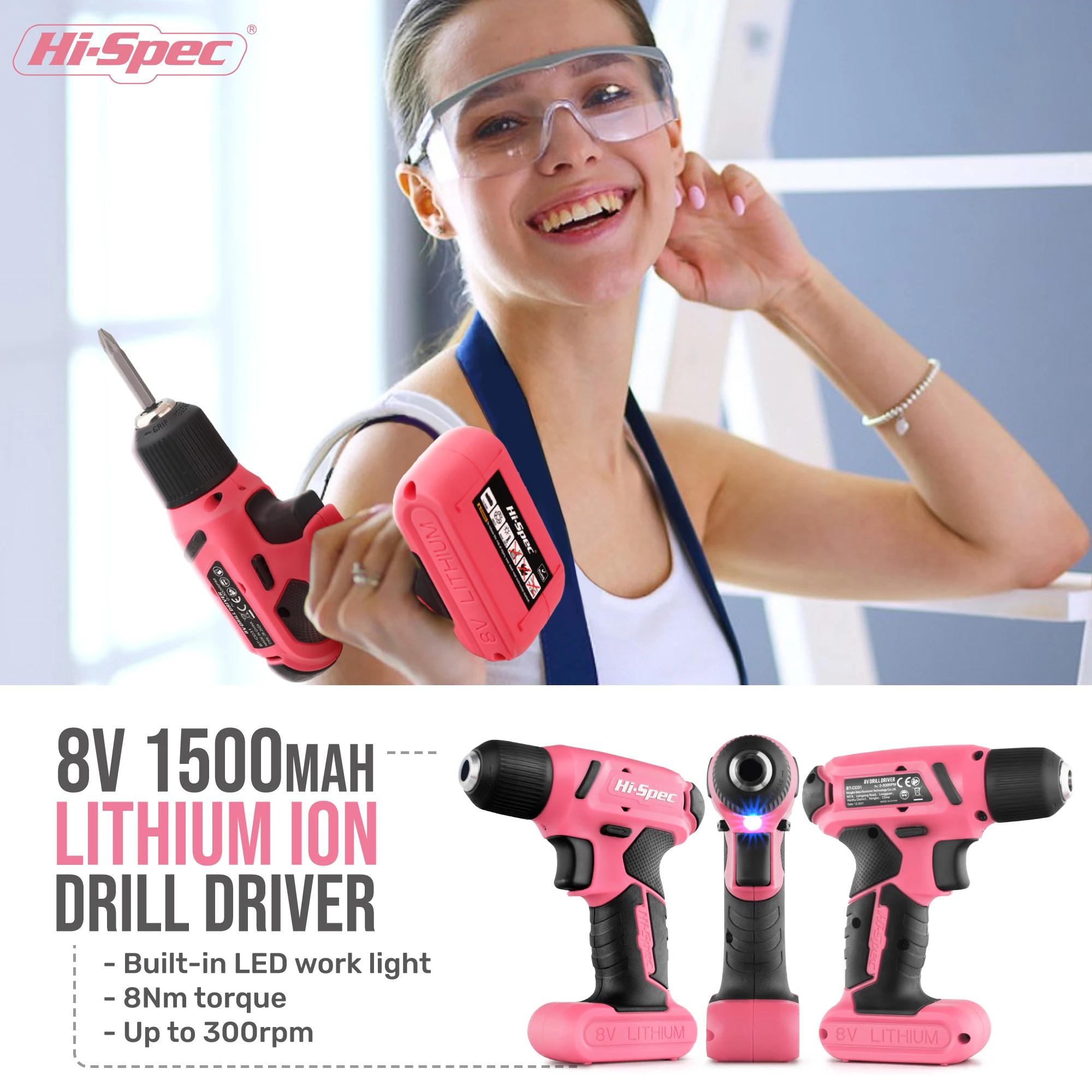 Set di trapano Hi-Spec 58pc Pink Tool Set 8V USB trapano elettrico Driver e Kit di attrezzi per la casa.