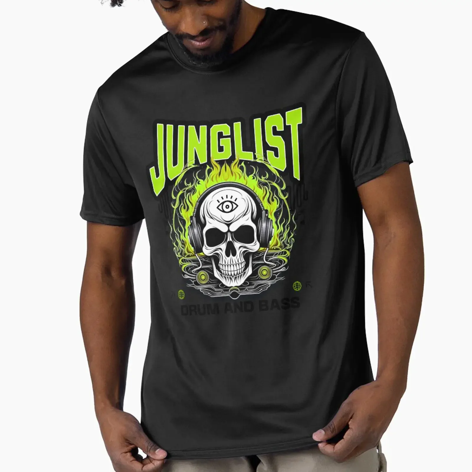 JUNGLIST Skull Eye Inferno Black Green Active T Shirt vintage Washed Breathable graphic Versatile fashion Slightly