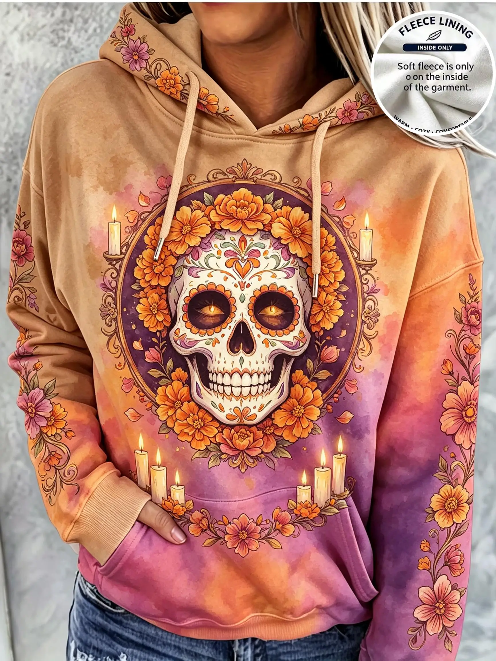 Women Halloween Day of the Dead Sugar Skull Floral Candle Vine Fleece Hoodie Gradient Brown Pink Pocket Sweatshirt