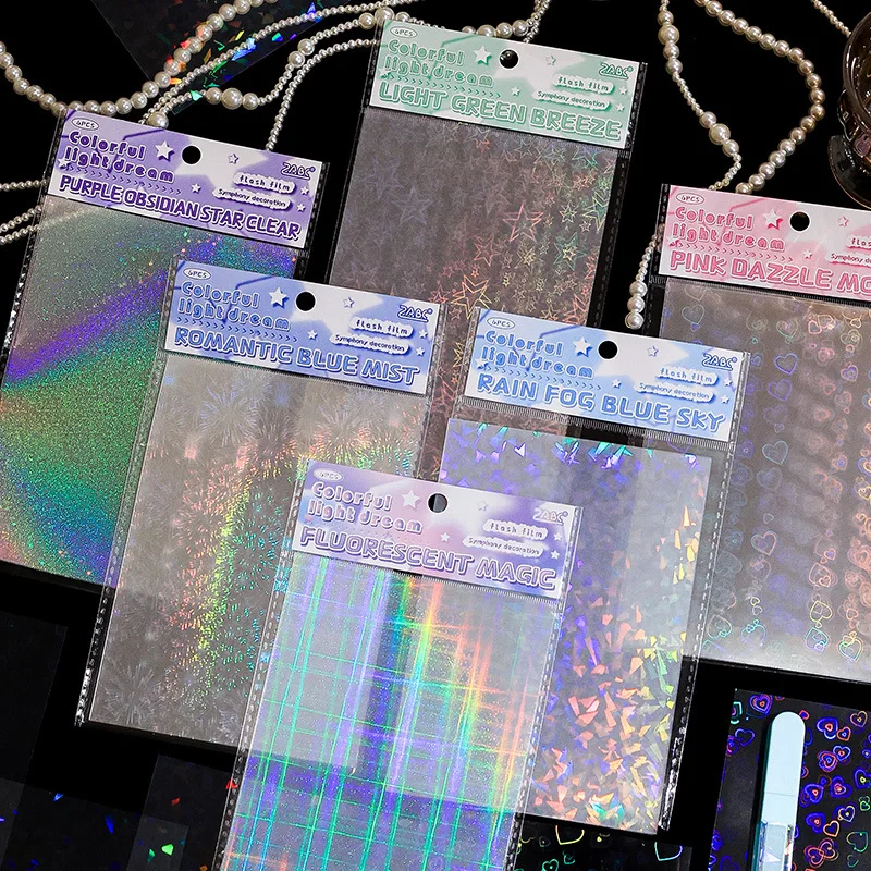 6 Sheets Colorful Dream Stickers Set Holographic Shiny Transparent Resin Waterproof Stickers Decals for Scrapbooking Supplies