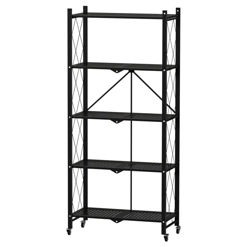 

5 Tiers Foldable Storage Shelves, Expandable Folding Bookshelf with Wheels, Collapsible Adjustable Storage Rack Metal Shelves