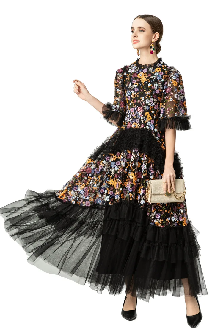 Women's Black Sequined Floral Embroidered Ruffle Tulle Maxi Dress, Elegant High Neck Gown with Tiered Skirt for Evening Party view 3