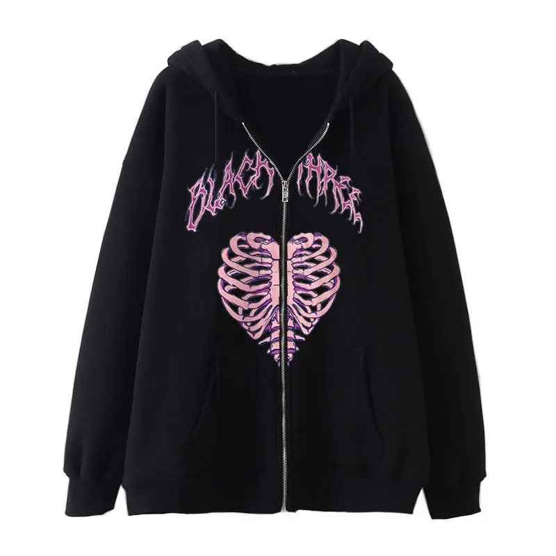 Hot Y2k Women Vintage Gothic Streetwear Skeleton Print Hoodies 90s Harajuku Oversized Hip Hop Jacket Zip Up Hoodie Y2k Clothes