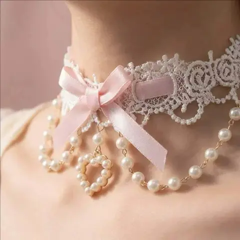 Sweet Lolita Pearl Lace Necklace Y2K Ribbon for Women Photo Shoot Bowknot Charm Choker for Girls Romantic Cute Style Jewelry