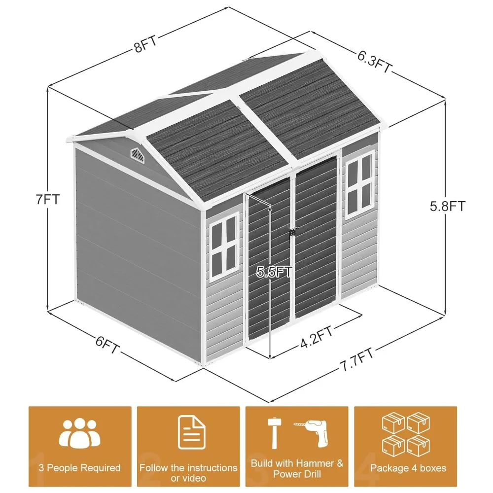 Outdoor Resin Storage Shed 8x6x7 FT with Floor 2 Windows, Reinforced Frame Large Waterproof Plastic Garden Sheds, Customized
