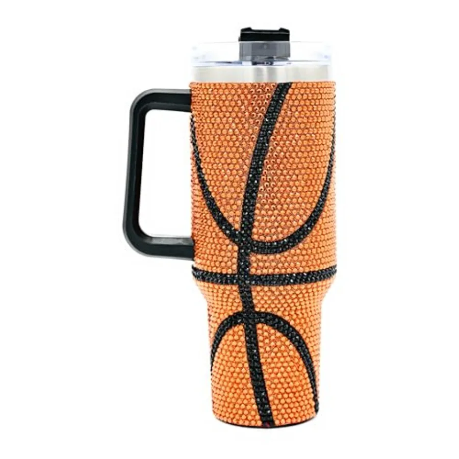 

Термокружка 40 унций со стразами, ручкой и соломинкой, дизайн «БАСКЕТБОЛ», из нержавеющей стали, с двойными стенками, термоизолированная; отличный подарок для любителей спорта