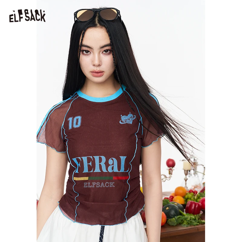 

ELFSACK Sporty Jersey Style T-shirt, Slim V-neck Number Print Tee, Y2K Letter Graphic Cropped Top for Women