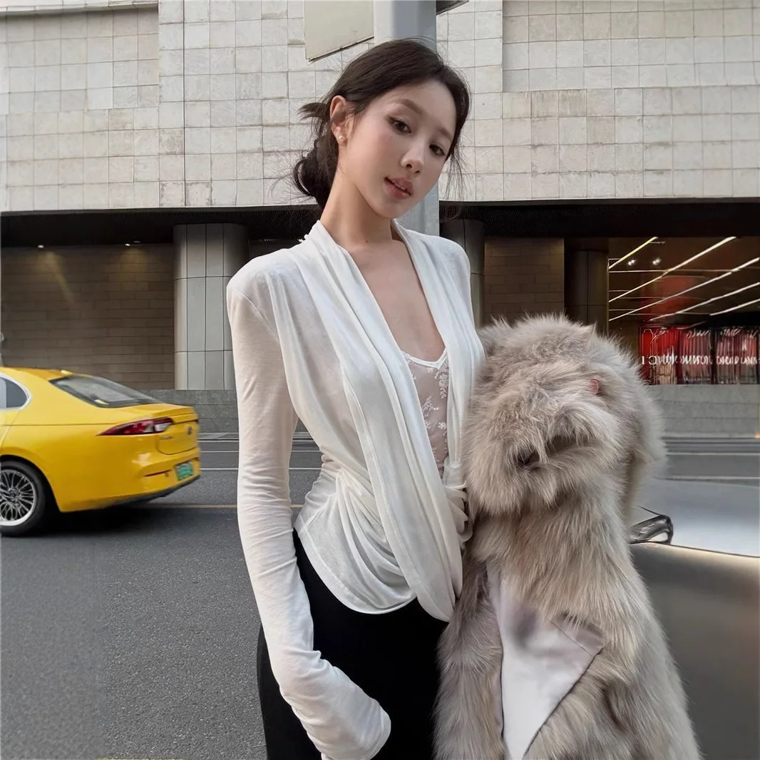 Elegant Lace Long Sleeve T-Shirt Women's Slim Fit Cross Collar Splice Top High Waist Commute Style Online Exclusive