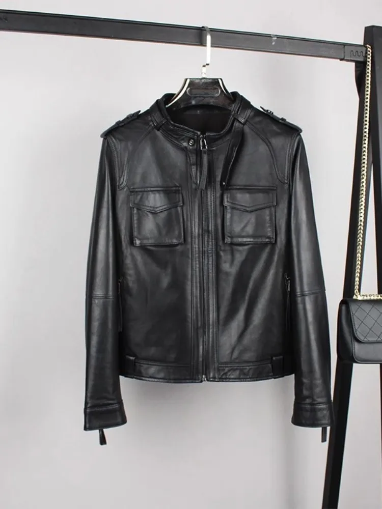 Vintage echte Schaffell Echt leder Motorrad jacke Frauen Frühling Herbst Stand Kragen Punk Kurz mantel Street Cargo Jacken