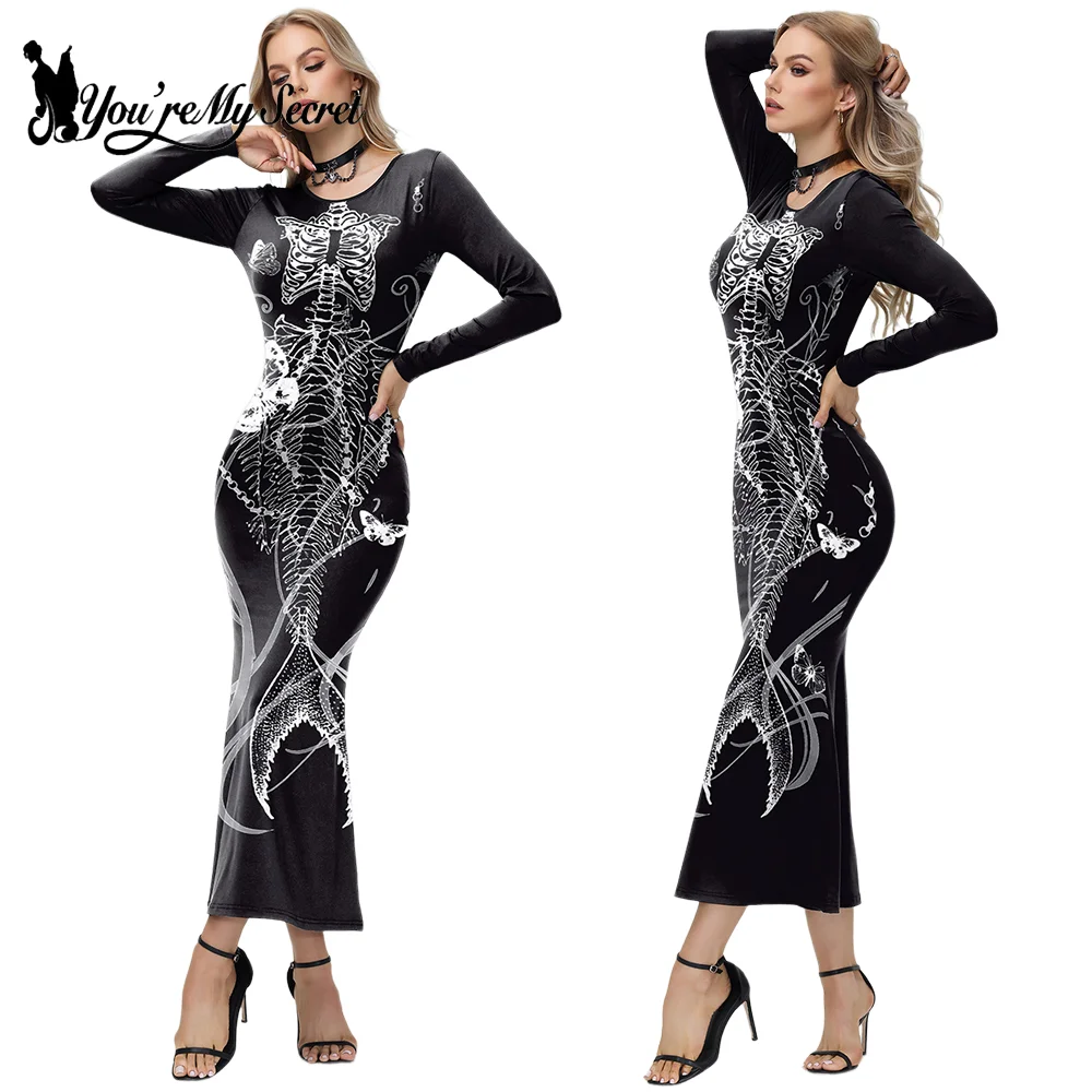 [You\'re My Secret] Halloween Gothic Skeleton Print Party Long Sleeves Bodycon Dresses For Women Vintage Dress Clubwear Vestidos