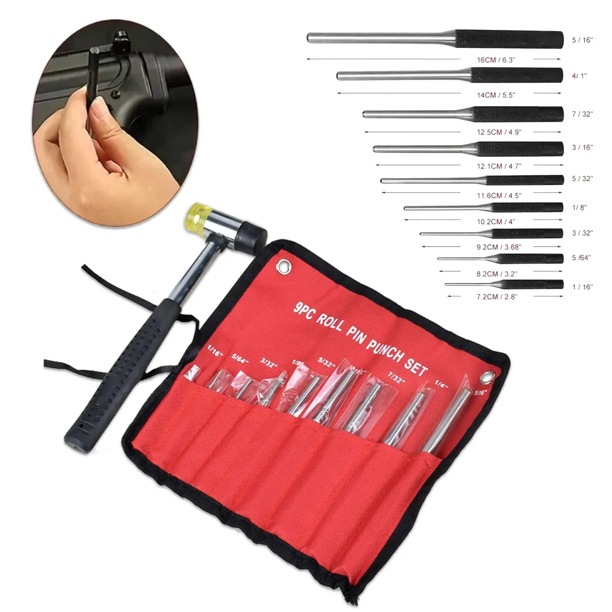 9Pcs Multi Size Roll Pin Punch Set Professional Round Head Tool Bag Hunting Removal Tackle Tool Kit Gunsmith Repair Hammer