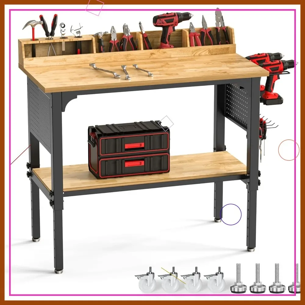 Heavy Duty Adjustable Height Workbench with Storage, Power Outlet, Lockable Wheels for Garage Workshop