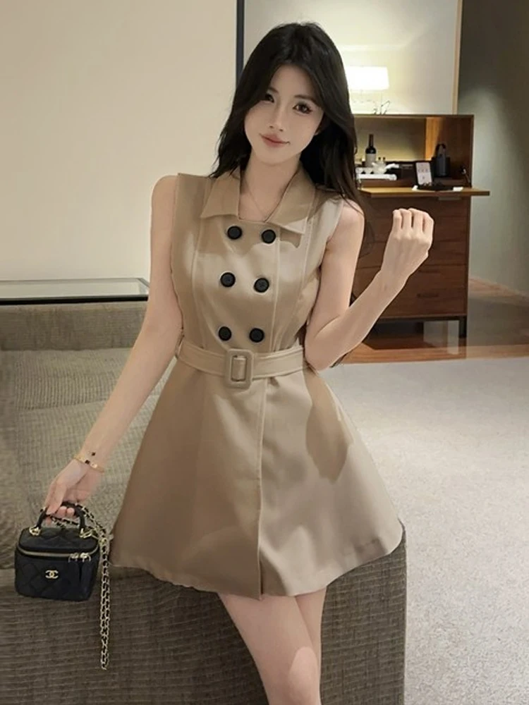 레트로 시크 허리 조임 민소매 폴로 칼라 드레스 더블 버튼 A라인 미니 스커트 우아한 고급 여름 패션 여성 드레스