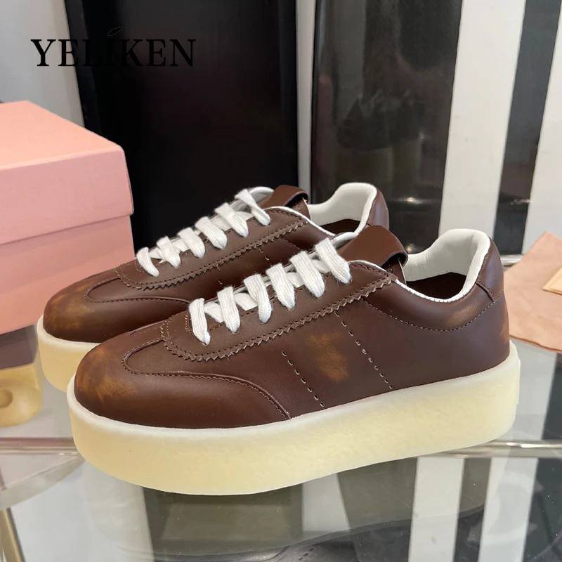 Ladies Spring Autumn Retro British Style Little White Shoes Lace Up Thick Soled Casual Shoes Designer Genuine Leather Woman Shoe