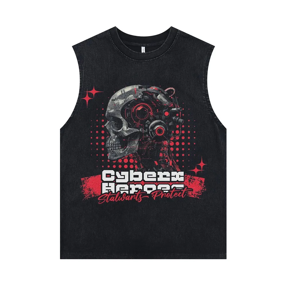 

Robot Skull Graphic Streetwear Washed Vest for Women Men Distressed Sleeveless Oversize Grunge Goth Summer Tops Tees Shirts