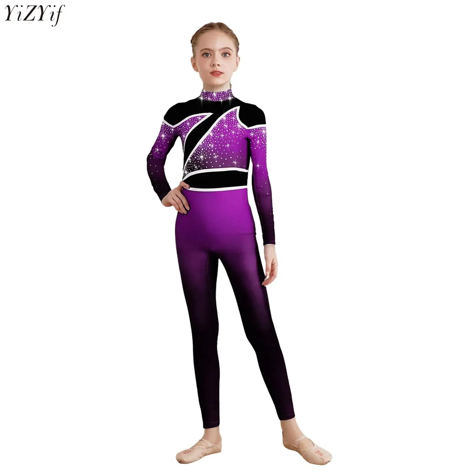 

Kids Girls Acrobatics Gymnastics Jumpsuit Ballet Dance Bodysuit Color Block Gradient Rhinestones Long Sleeve Slim Fit Rompers