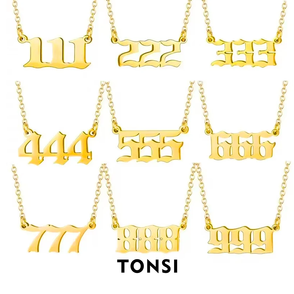 Stainless Steel Angel Number Necklace 111 222 333 444 555 666 777 888999 Charm Zirconia Pendant Necklace for Women Birthday