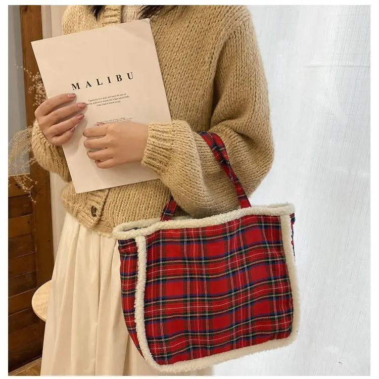 Women Bag Vintage Autumn Winter Plaid Casual Fashion Sweet Fluffy Shoulder Bag Handbag Bookbag for Students