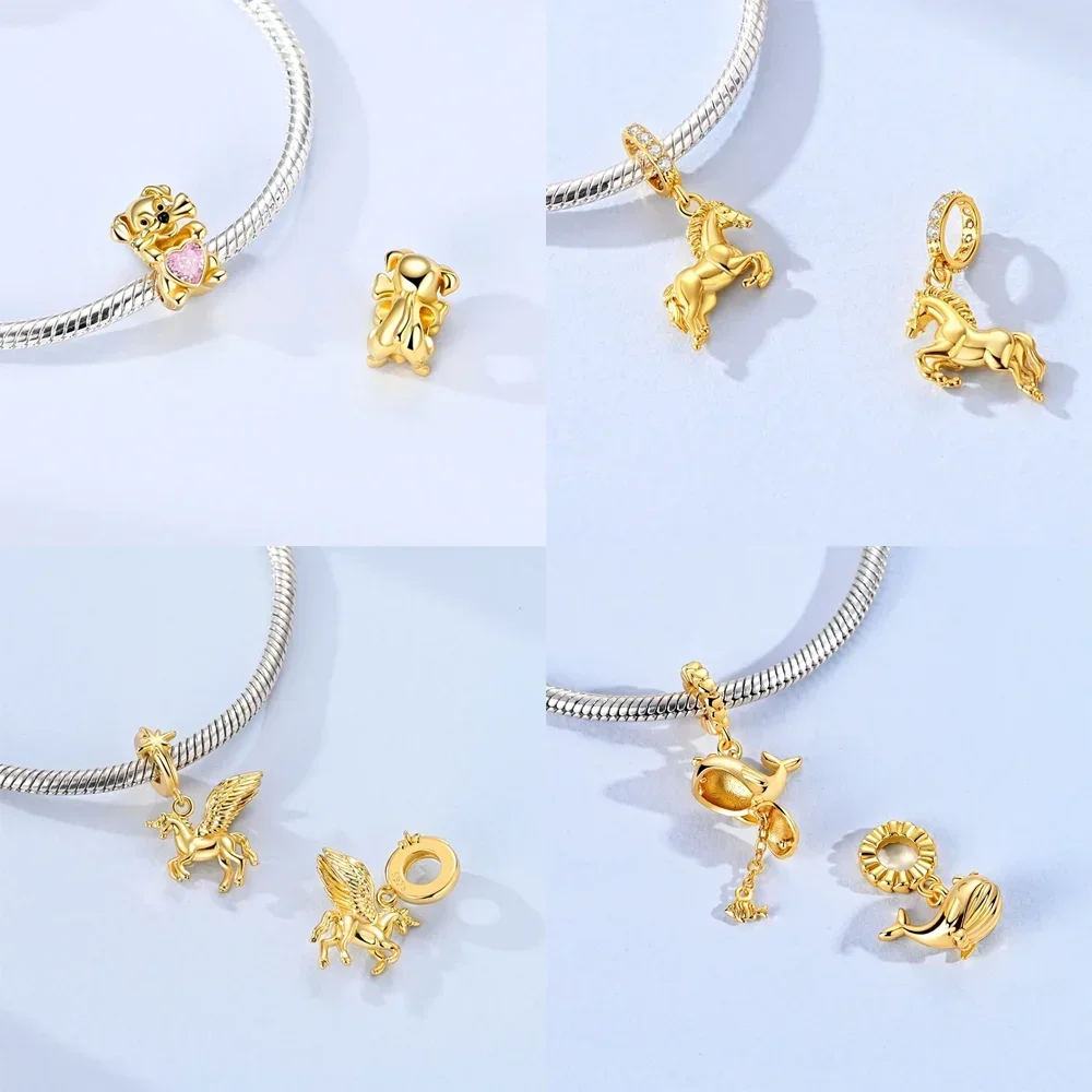 Golden Charms 925 Silver Leopard Firefly Dog Animal Beads Pendant Fit Bracelets Bag Keychain Charm Diy Women Gift Accessory