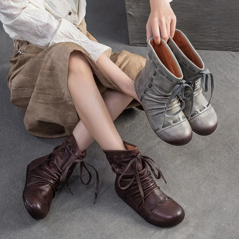 

GKTINOO/2023, осенне-зимние новые плиссированные короткие ботинки из натуральной кожи с круглым носком, универсальная женская обувь в стиле ретро на мягкой подошве