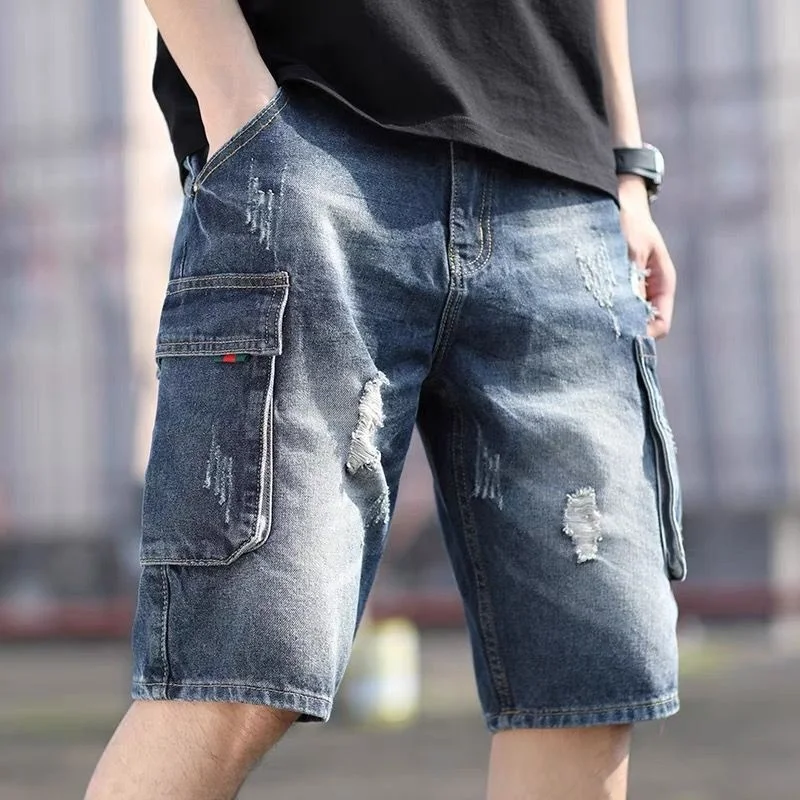 Summer Men\'s Grey Perforated Denim Shorts Korean Fashion Slim Elastic Five-piece Jeans Shorts Male Brand Pants 11styles