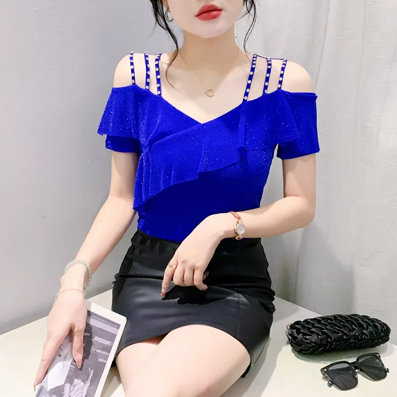 

Новое поступление, летняя футболка, сексуальные женские топы с открытыми плечами и бисером, шикарные оборки с короткими рукавами, тонкие сетчатые футболки, женская одежда ZT19