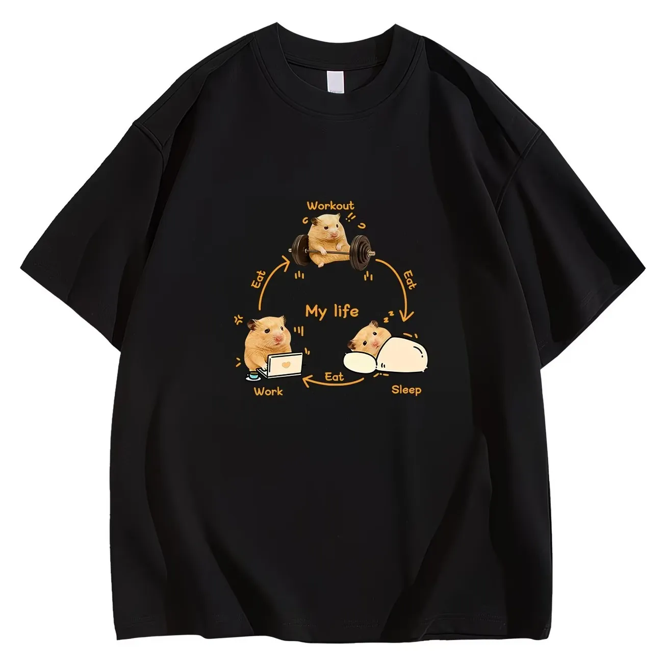 Funny Hamster My Life Routine T-Shirt Workout Eat Sleep Work Graphic Tee Summer Short Sleeve Casual Humour Streetwear Tops
