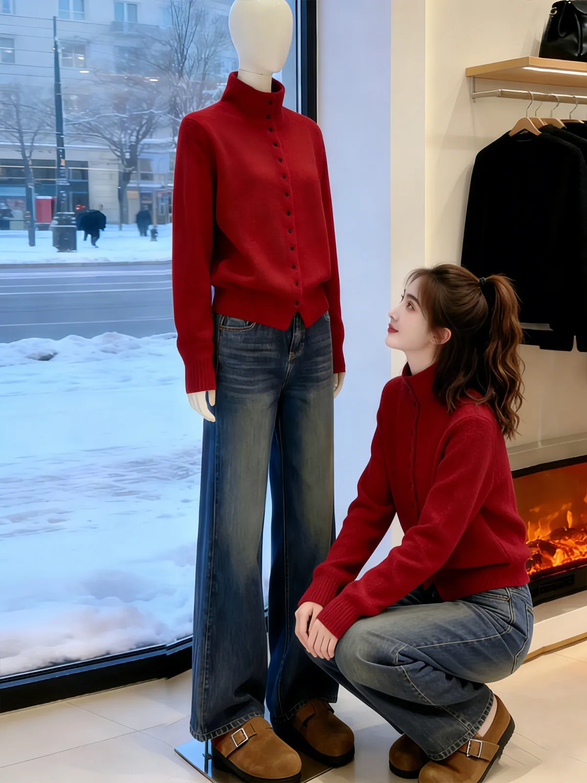 

Красный вязаный свитер женский зимний новый с высоким воротником, облегающий, базовый слой, открытый кардиган, повседневный свободный крой, длинный рукав