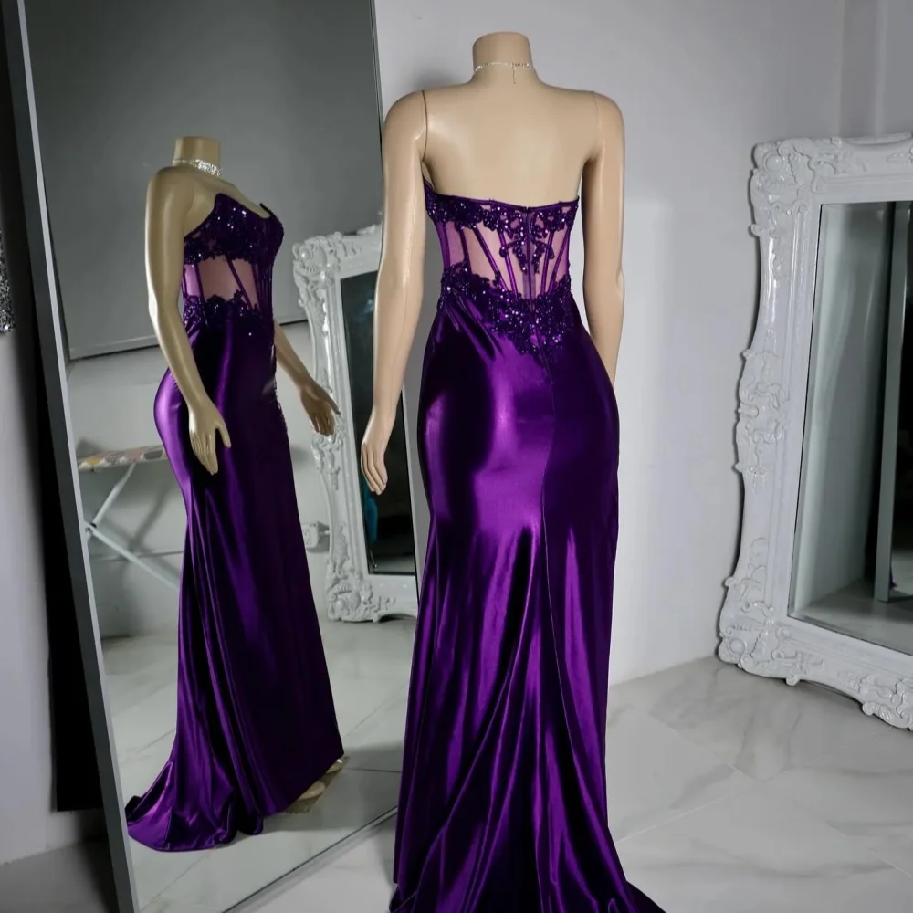 Vestido de sereia sem alças para mulher, vestido de festa roxo e roxo, apliqué de talão, elegante vestido de noite, ocasião especial