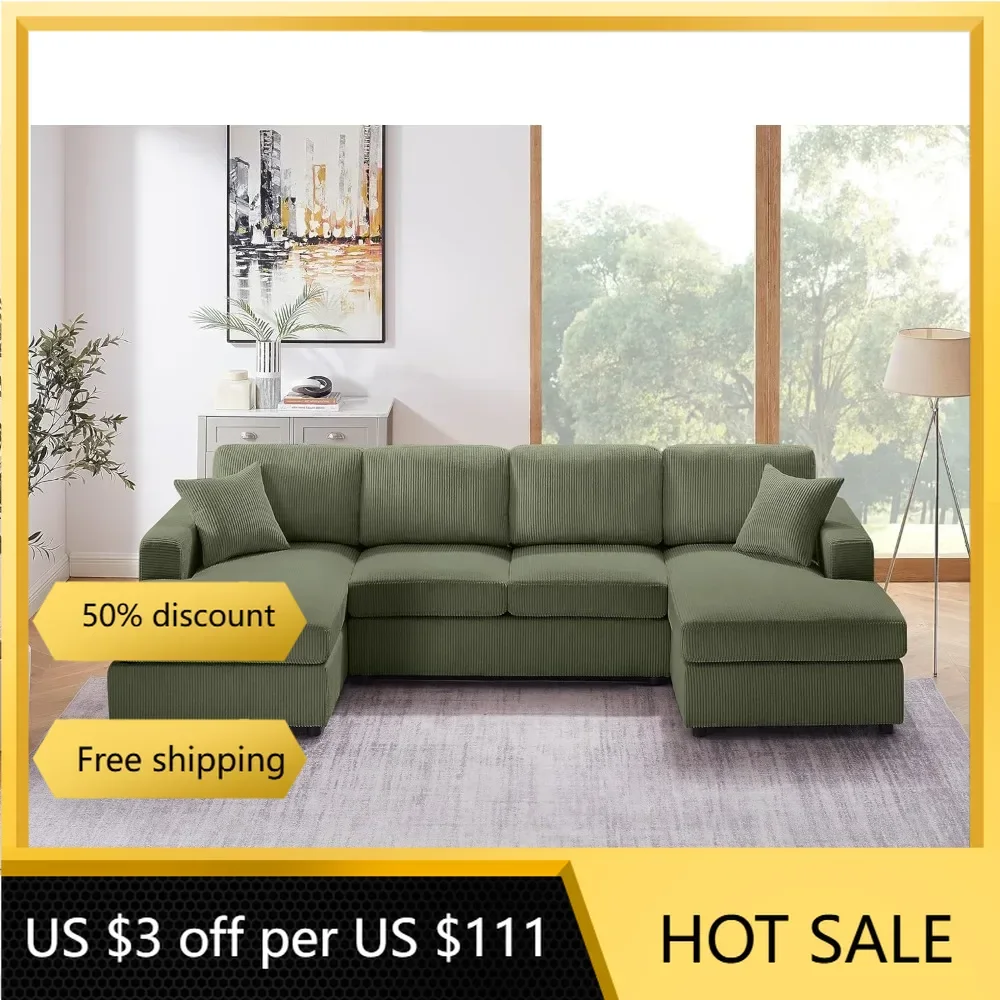 

118'' U Shaped Sectional Sofa Couch, Corduroy Fabric Modern Cozy Jumbo Size 6-Seater Sofa, Double Chaise Longue, Green