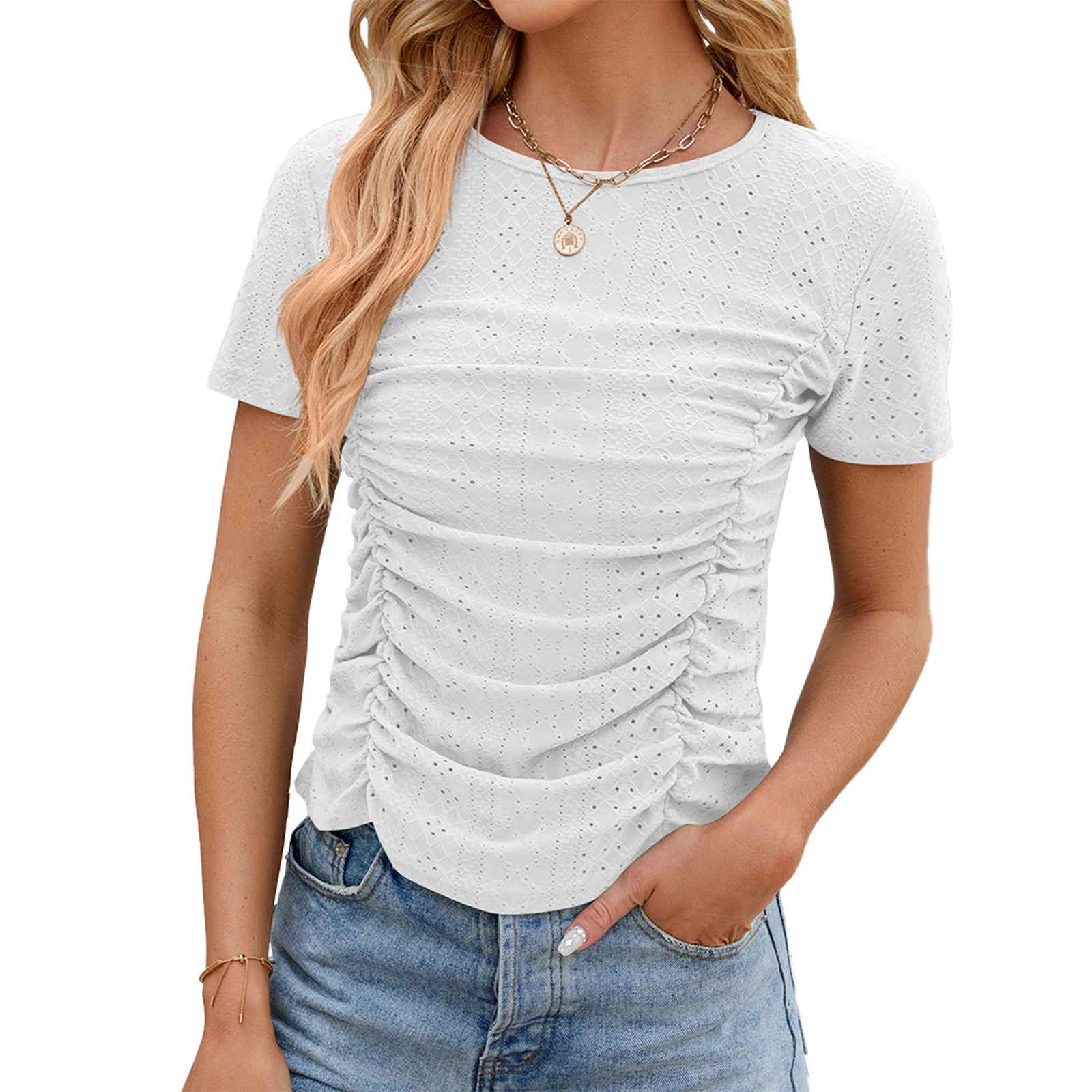 Women's Summer Slim Tops Solid Color Round Neck Short Sleeve Ruched T-Shirt Streetwear