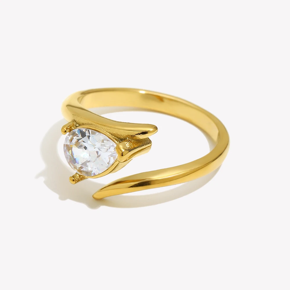 E.B.belle Wing Shaped White Zirconium Water Droplet Ring 18K Gold Plated Accessories 316L Stainless Steel Decoration
