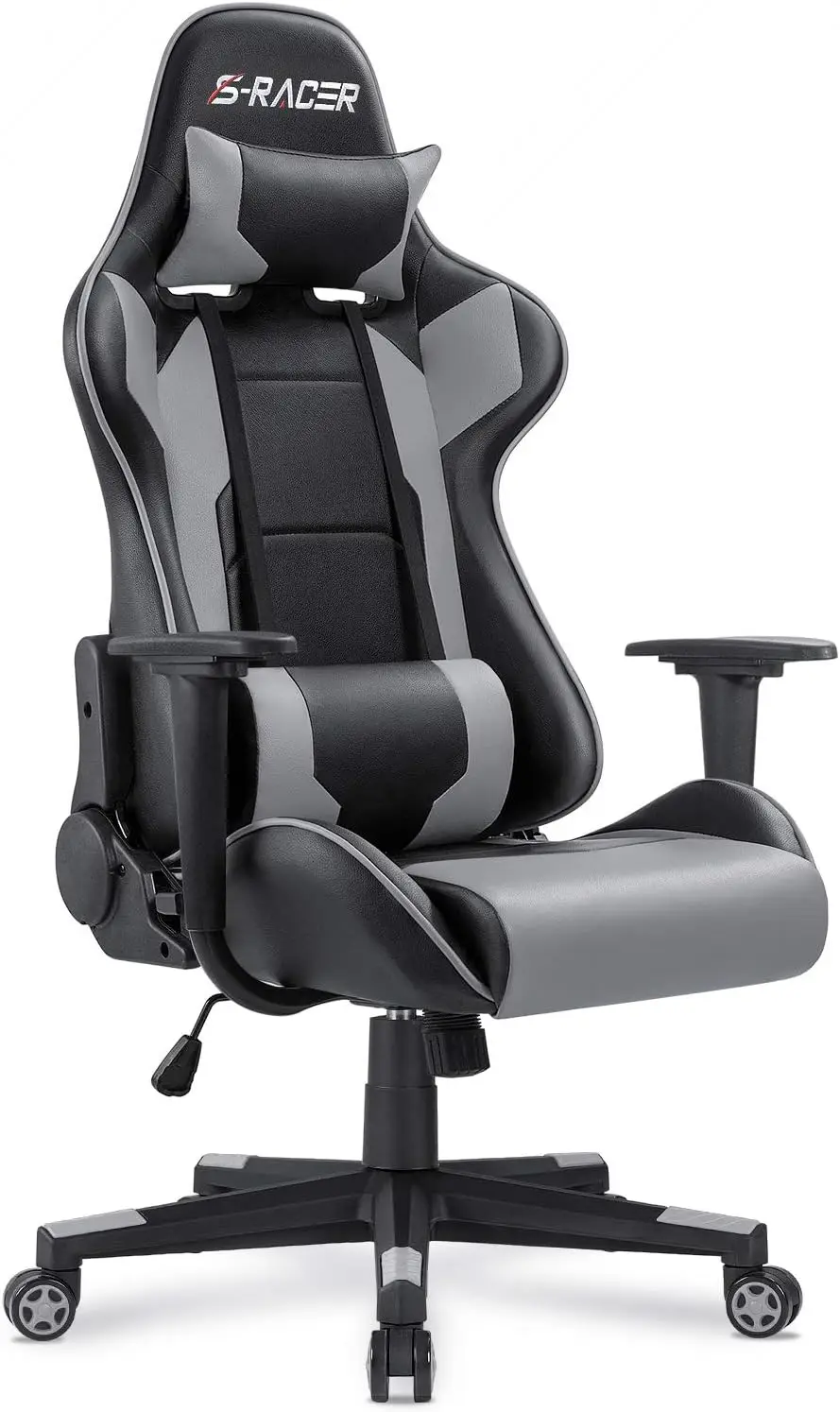 High Back Gaming Chair PU Leather Ergonomic Desk Chair with Headrest, Lumbar Support, 360° Swivel, Recline & Rocking, Adjustable Height, Grey