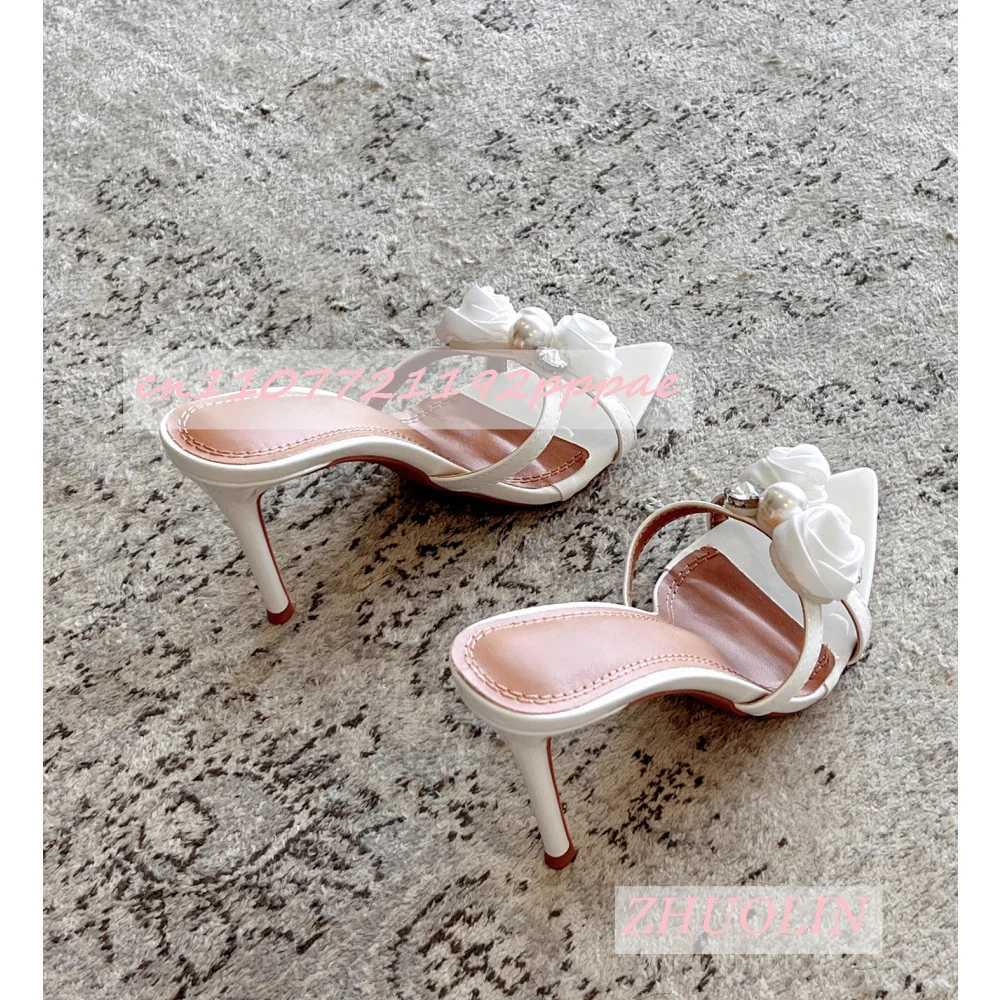 

Ladies' White Flower Pearl Stiletto Slippers Summer Crystal Pointed High Heels Elegant Satin Party Wedding Sandals Zapatos Mujer