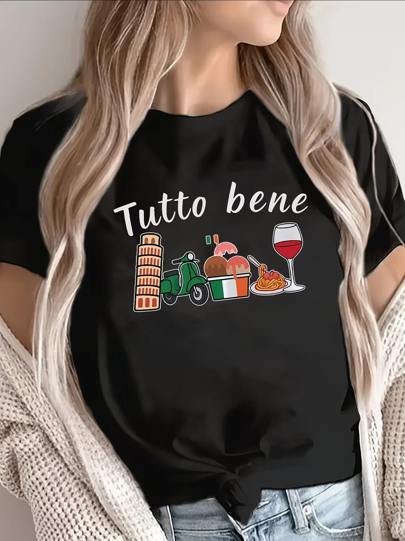 Tutto Bene Italy Top Women Italian Vacation Graphic Tee Fun Pisa Tower Gelato Wine Print Summer Short Sleeve Crewneck Travel Top