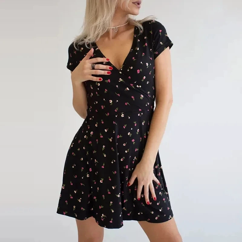 

Vintage V-neck Short Sleeve Printed Dresses Elegant High Waist Pleated Mini Dress Summer New Polka Dot Printed Vacation Dresses