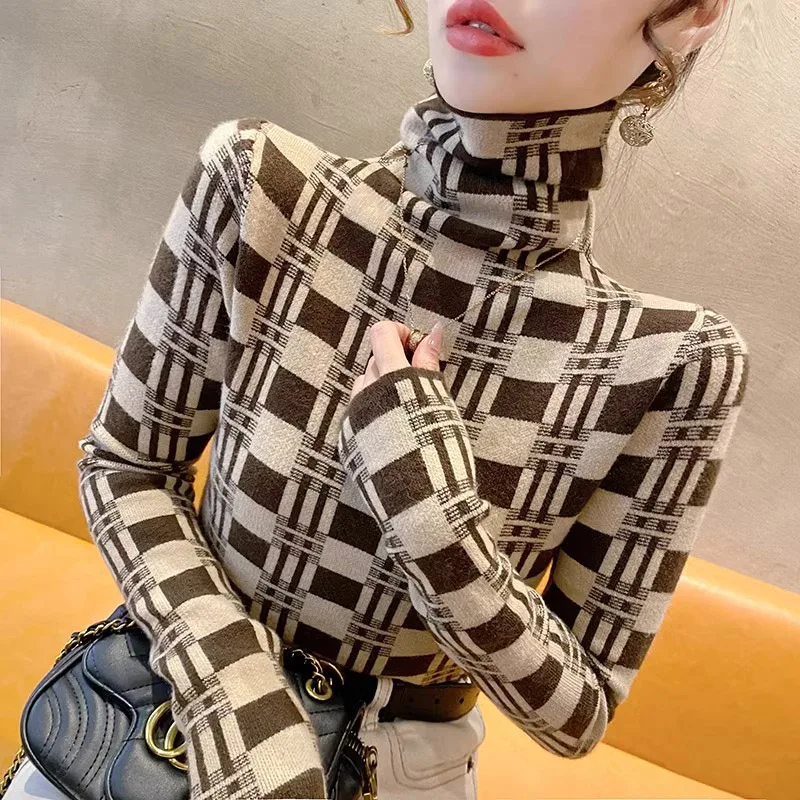 Women Clothing Turtleneck Slim Sweaters 2024 Spring Plaid Knitted Elasticity Comfortable Pullovers Chic Casual Y2k Knitwear Tops